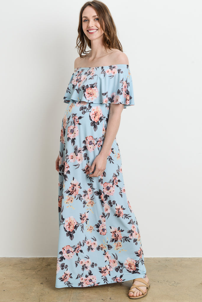 Blue Floral Ruffle Off Shoulder Maternity Maxi Dress