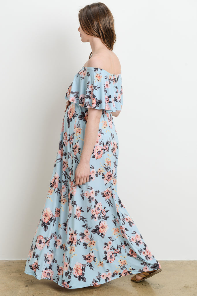 Blue Floral Ruffle Off Shoulder Maternity Maxi Dress