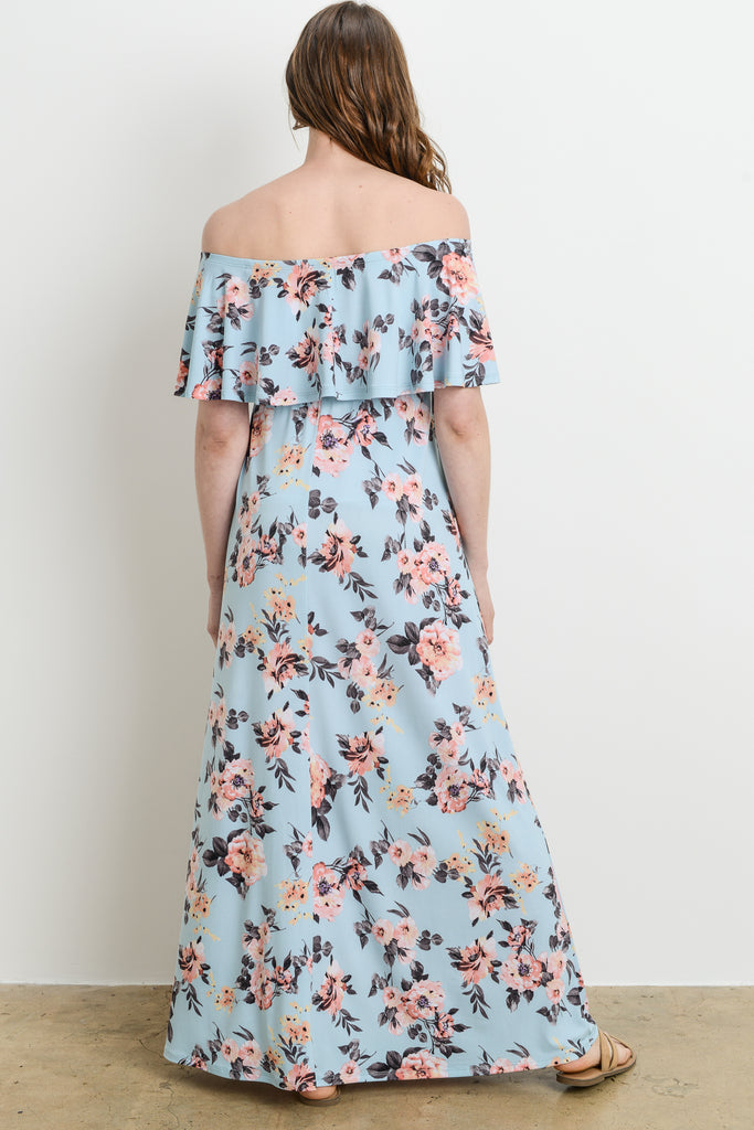 Blue Floral Ruffle Off Shoulder Maternity Maxi Dress