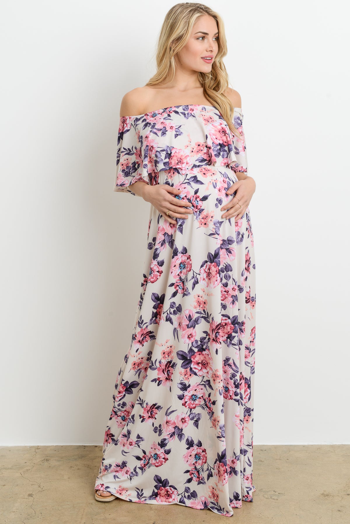 off shoulder floral maternity dress Floral Ruffle Off Shoulder Maternity Maxi Dress IVORY / MEDIUM