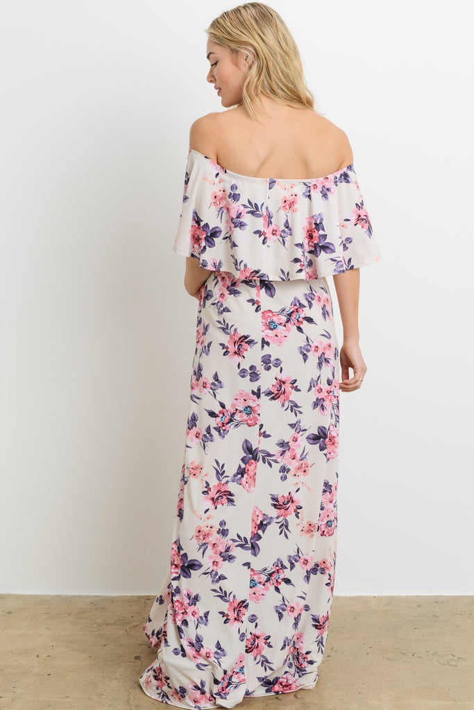 Ivory Floral Ruffle Off Shoulder Maternity Maxi Dress