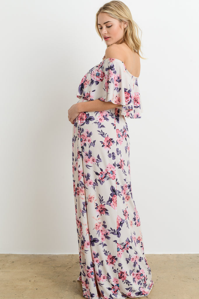 Ivory Floral Ruffle Off Shoulder Maternity Maxi Dress