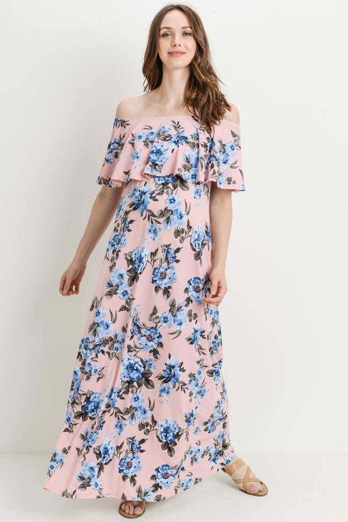 Pink Floral Ruffle Off Shoulder Maternity Maxi Dress