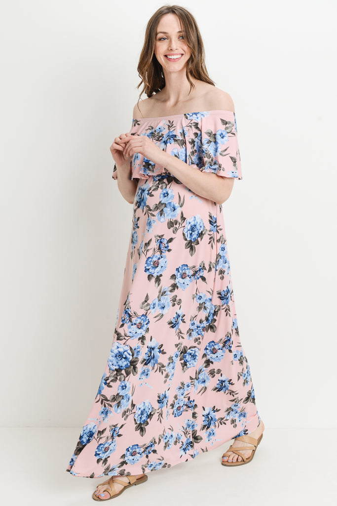 Pink Floral Ruffle Off Shoulder Maternity Maxi Dress