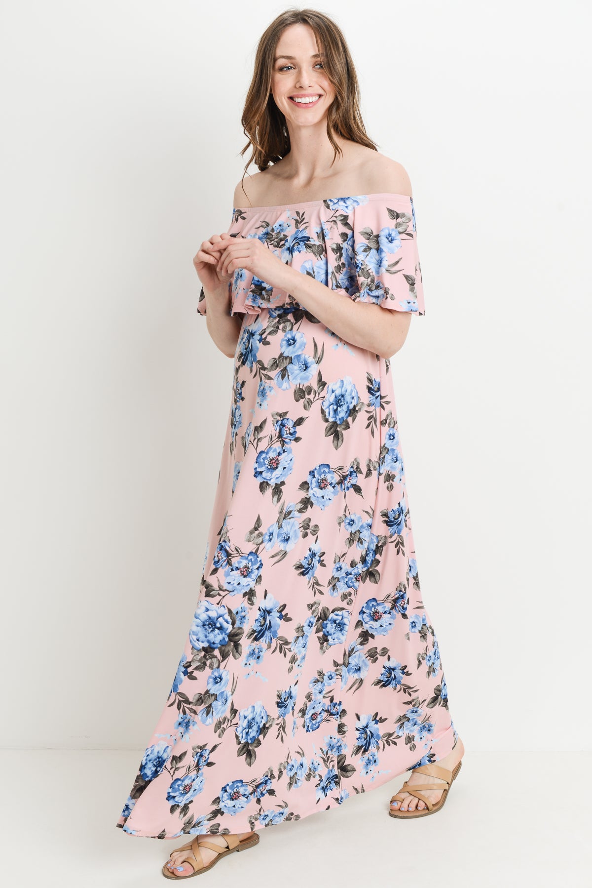 Floral Ruffle Off Shoulder Maternity Maxi Dress IVORY / MEDIUM