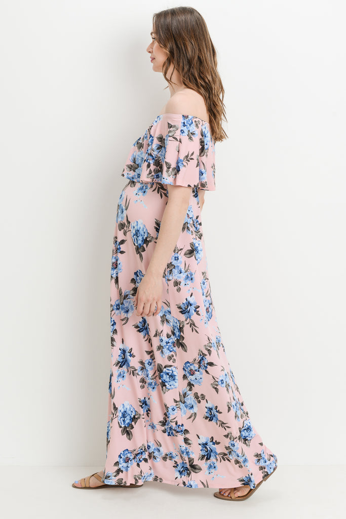 Pink Floral Ruffle Off Shoulder Maternity Maxi Dress