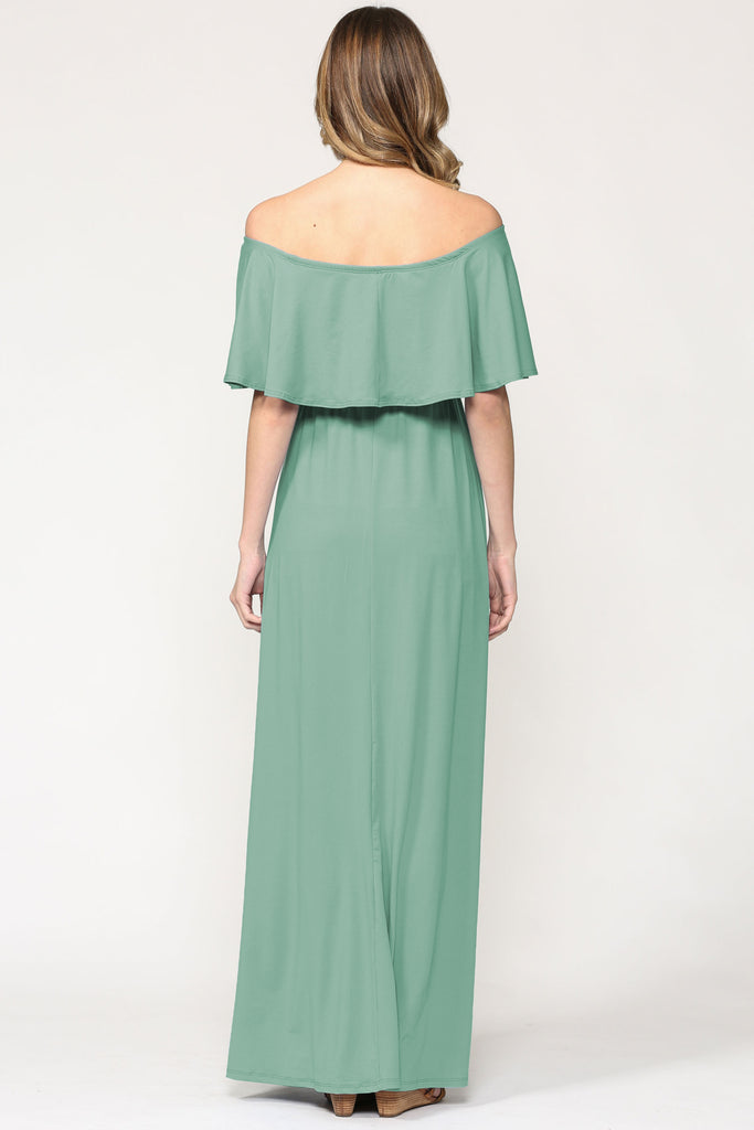 Mint Ruffle Off Shoulder Solid Maternity Dress