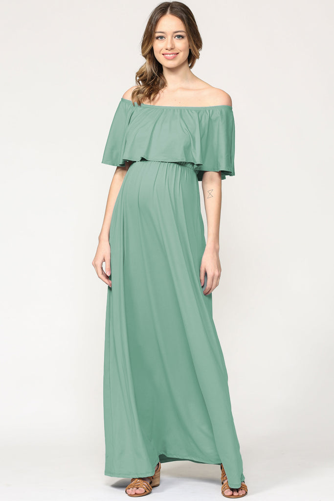 Mint Ruffle Off Shoulder Solid Maternity Dress