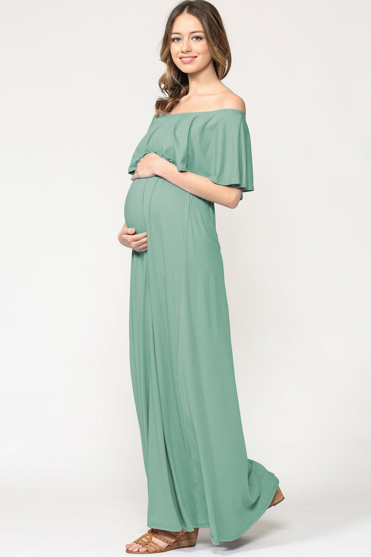 Mint Ruffle Off Shoulder Solid Maternity Dress