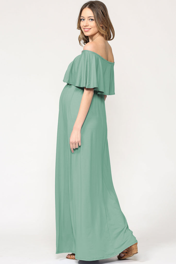 Mint Ruffle Off Shoulder Solid Maternity Dress