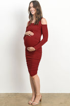 Burgundy Solid Cold Shoulder Bodycon Maternity Dress