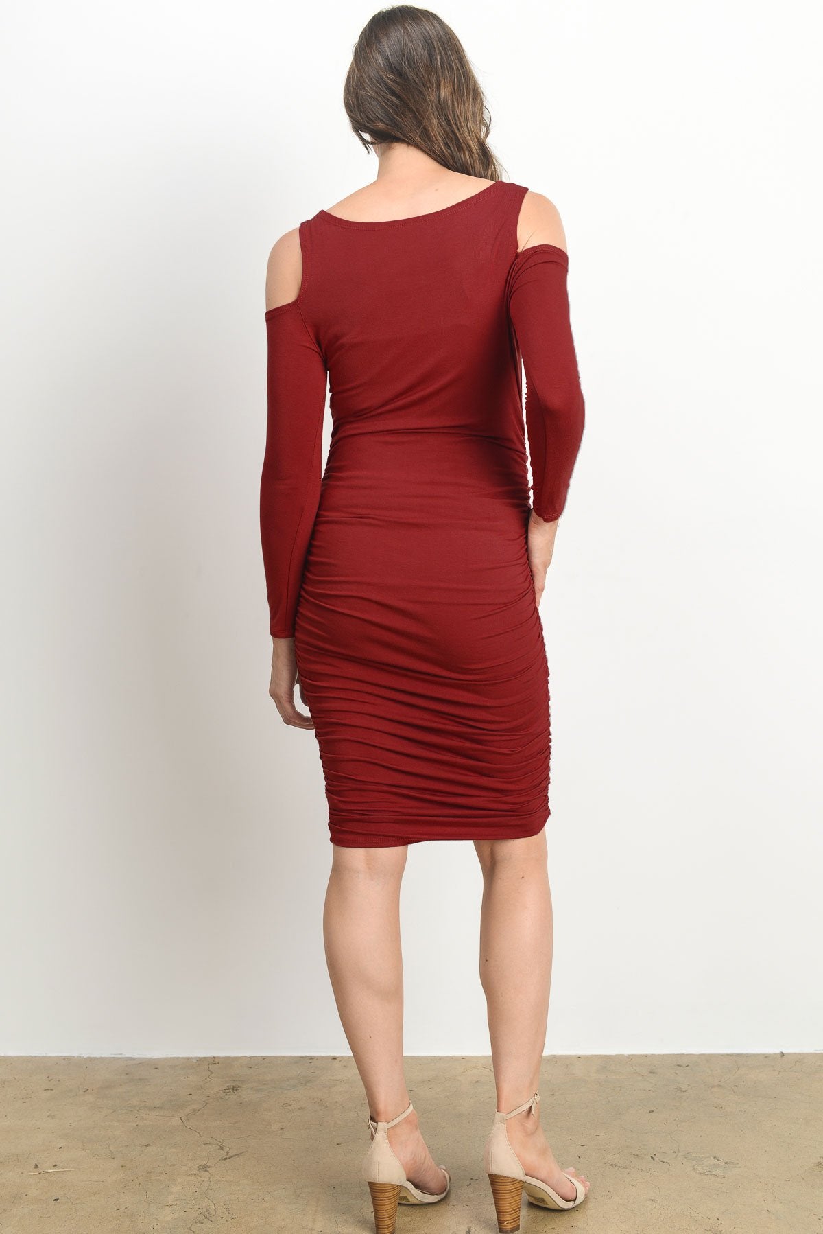 Burgundy Solid Cold Shoulder Bodycon Maternity Dress