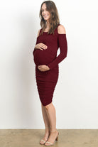 Wine Solid Cold Shoulder Bodycon Maternity Dress
