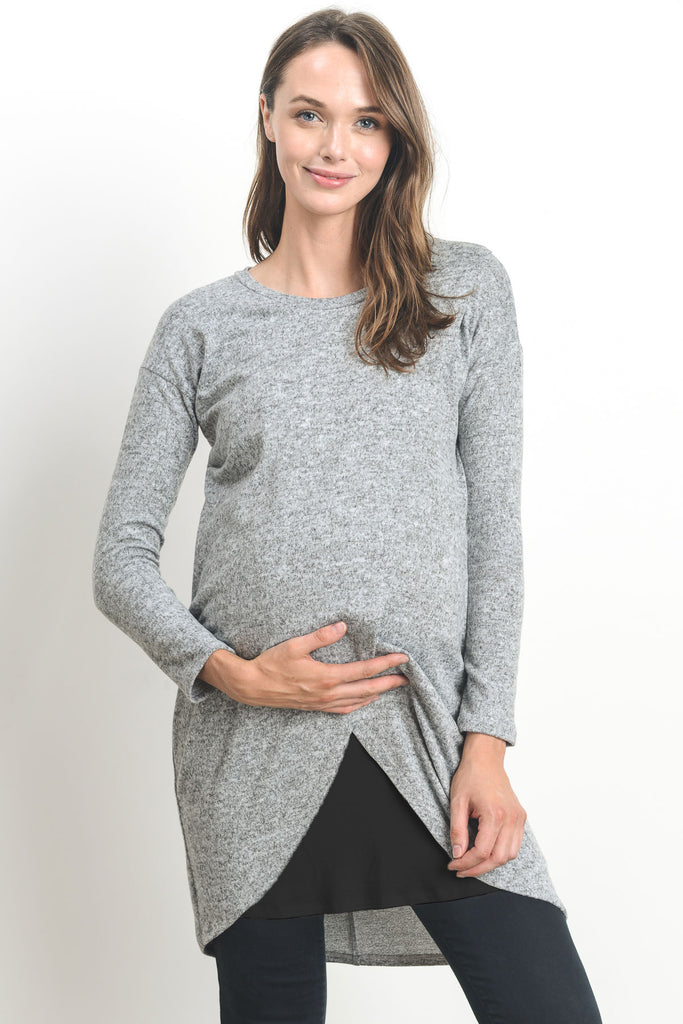 Heather Grey/Black Long Sleeve Maternity & Nursing Sweater Tunic