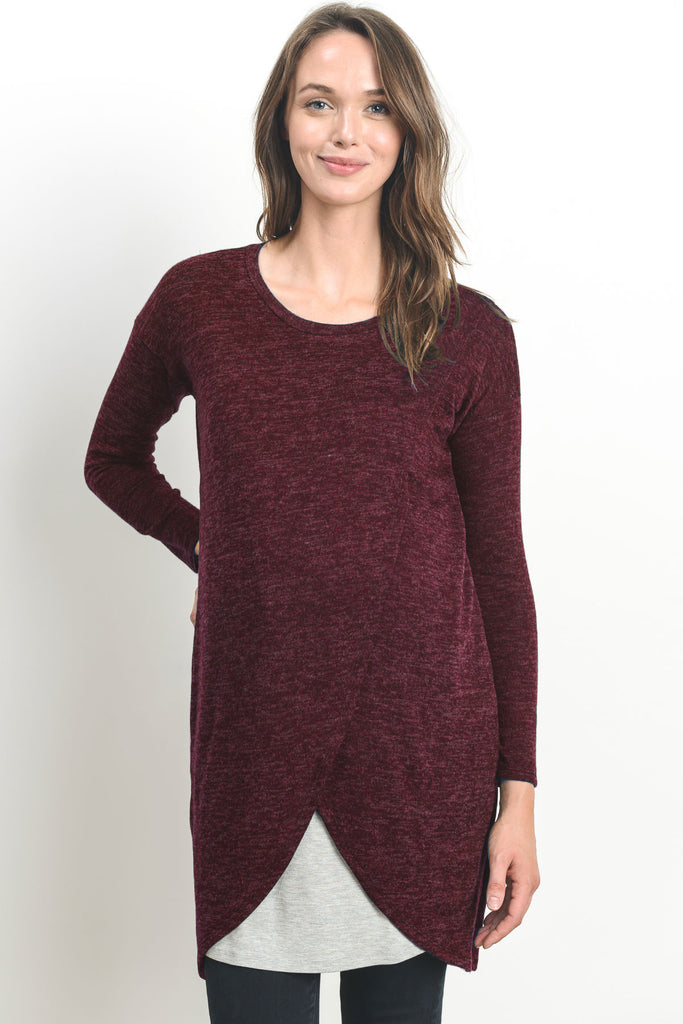 Wine/Grey Long Sleeve Maternity & Nursing Sweater Tunic