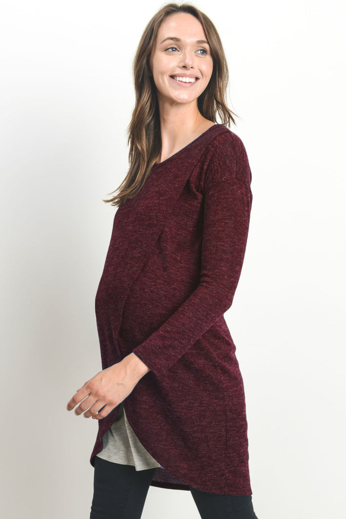 Wine/Grey Long Sleeve Maternity & Nursing Sweater Tunic