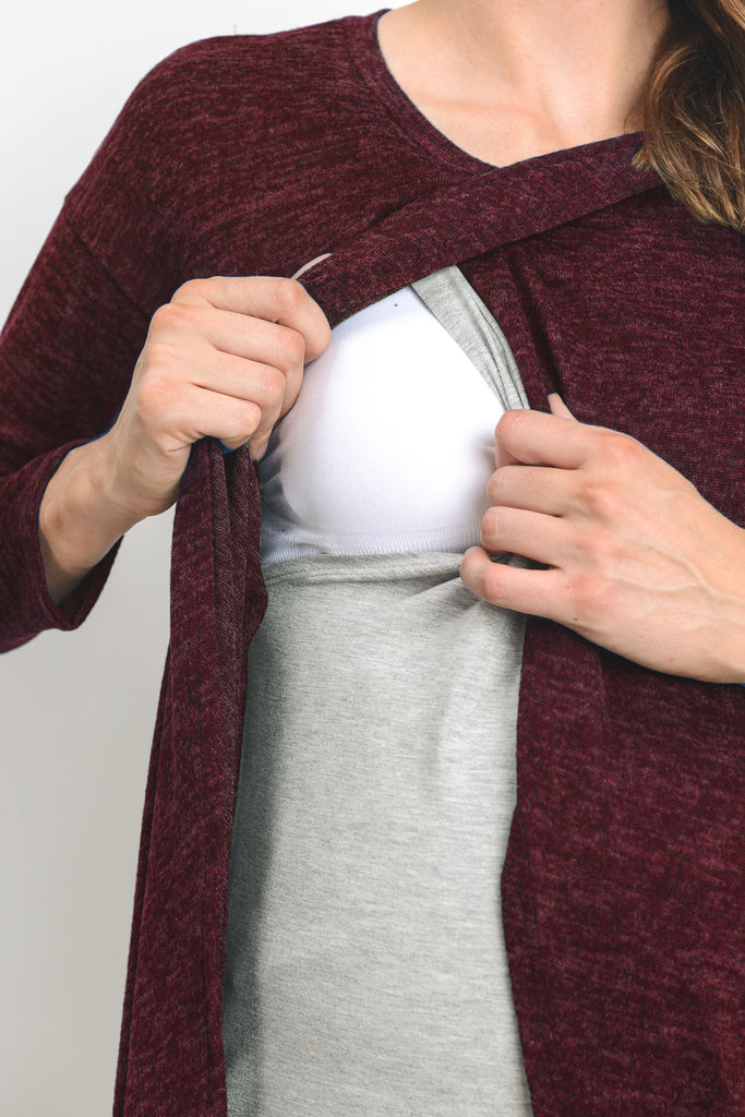 Wine/Grey Long Sleeve Maternity & Nursing Sweater Tunic