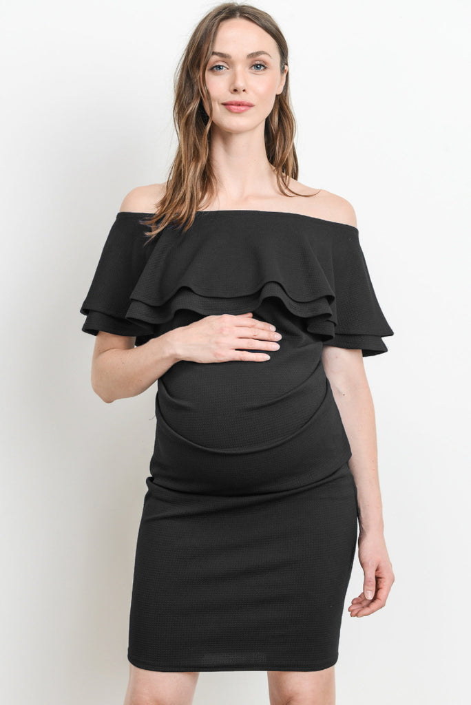 Black Double Ruffle Off Shoulder Maternity Dress
