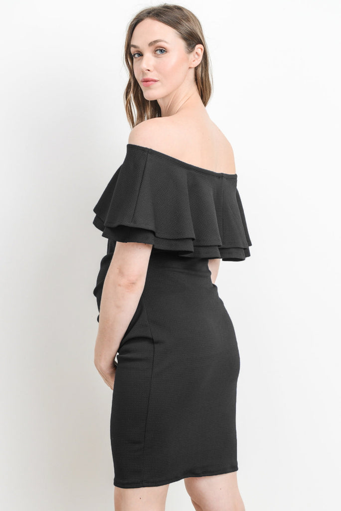 Black Double Ruffle Off Shoulder Maternity Dress