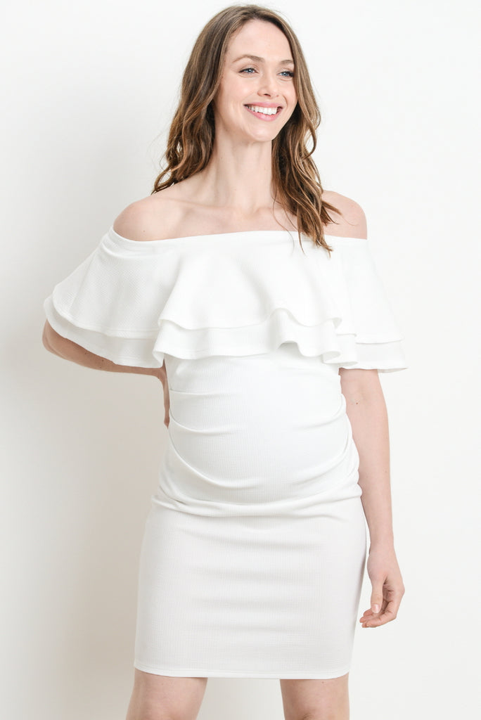 Ivory Double Ruffle Off Shoulder Maternity Dress