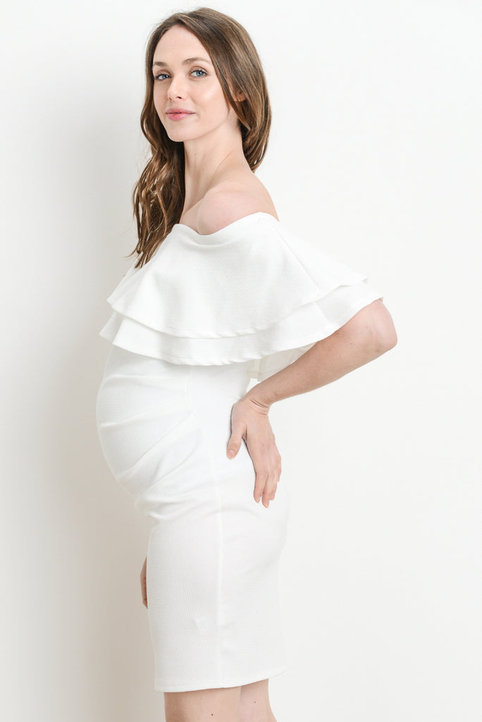 Ivory Double Ruffle Off Shoulder Maternity Dress