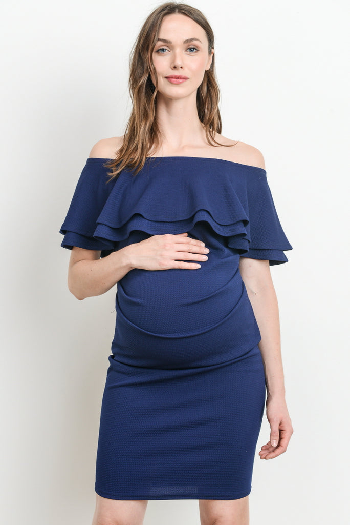 Navy Double Ruffle Off Shoulder Maternity Dress