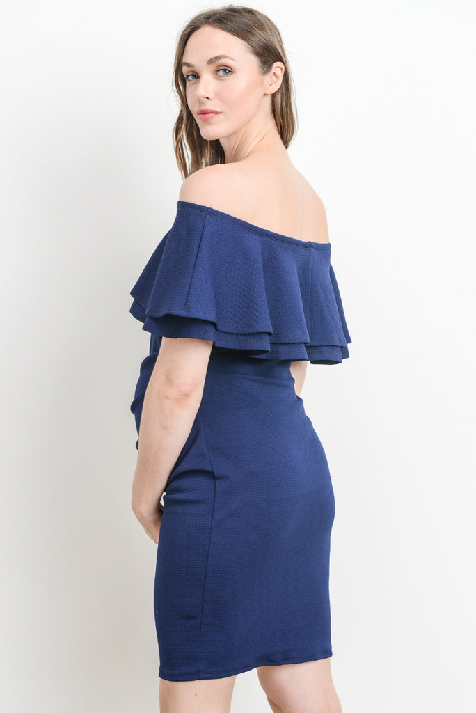Navy Double Ruffle Off Shoulder Maternity Dress