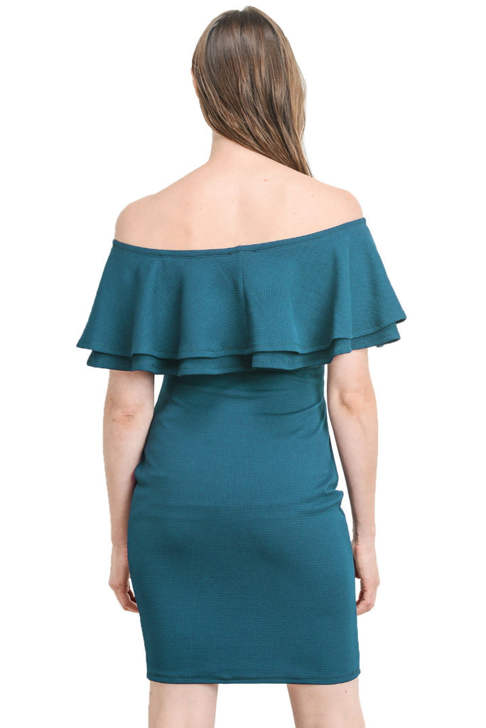 Teal Double Ruffle Off Shoulder Maternity Dress