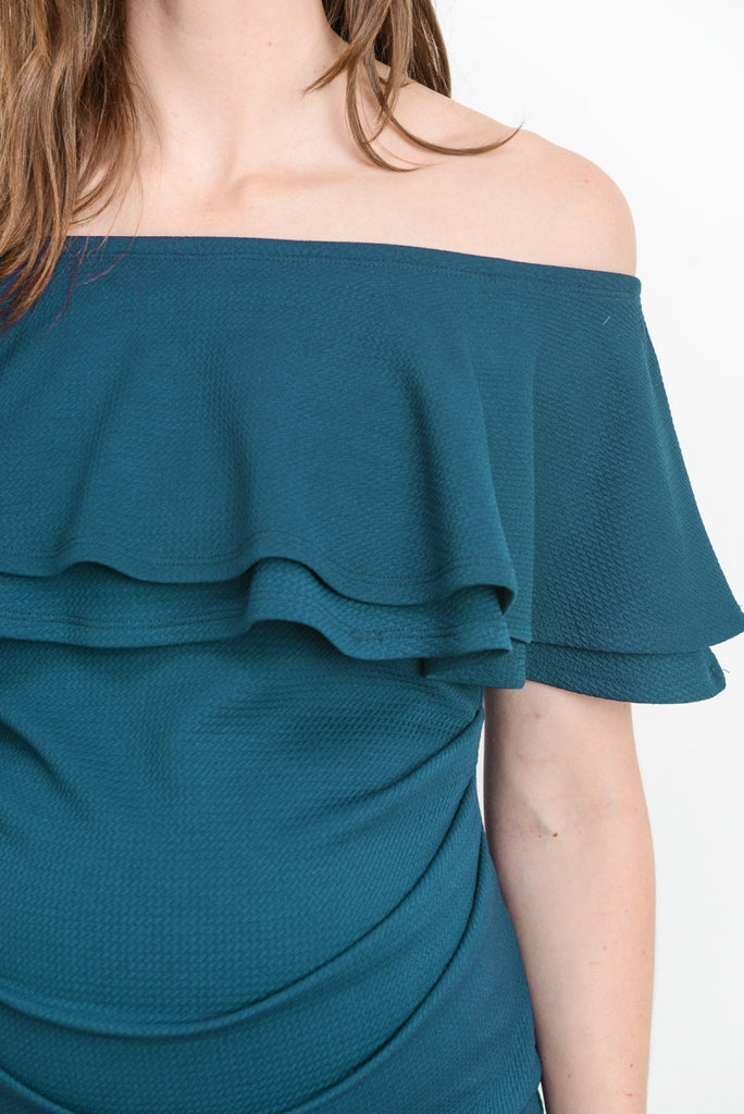 Teal Double Ruffle Off Shoulder Maternity Dress