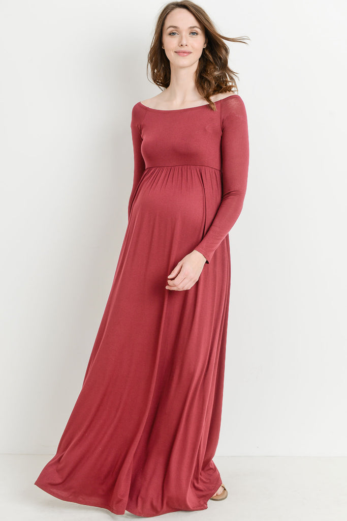 Brick Off Shoulder Long Sleeve Maternity Maxi Dress
