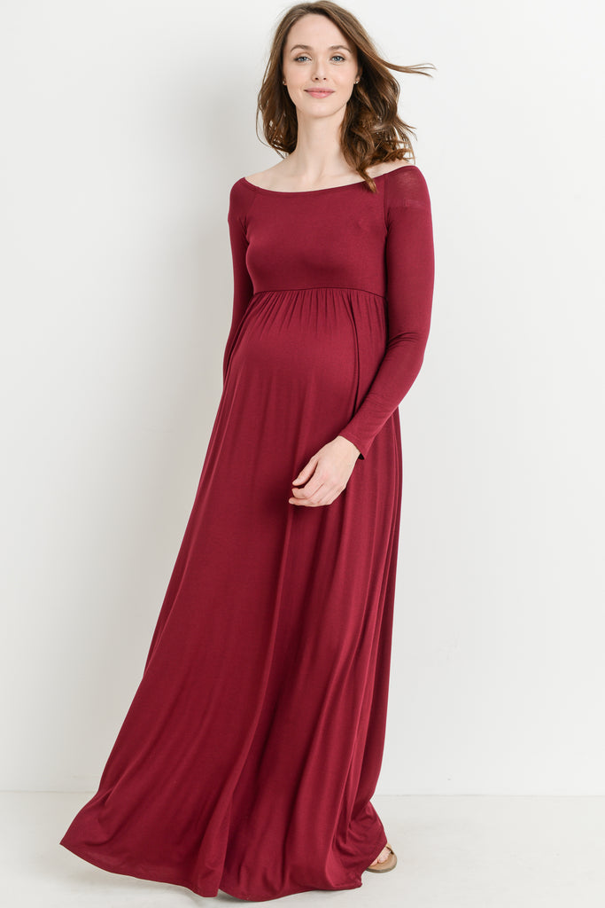 Burgundy Off Shoulder Long Sleeve Maternity Maxi Dress