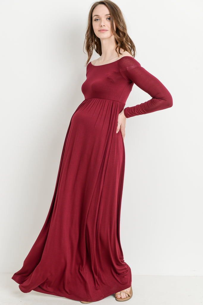 Burgundy Off Shoulder Long Sleeve Maternity Maxi Dress