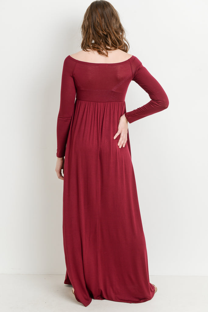 Burgundy Off Shoulder Long Sleeve Maternity Maxi Dress