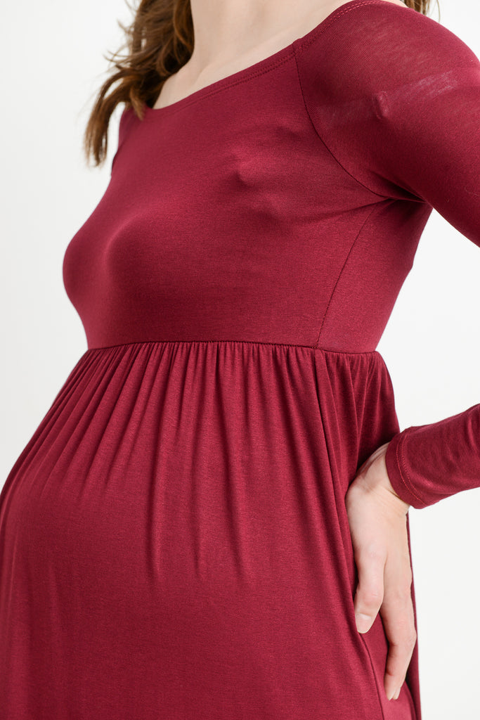 Burgundy Off Shoulder Long Sleeve Maternity Maxi Dress