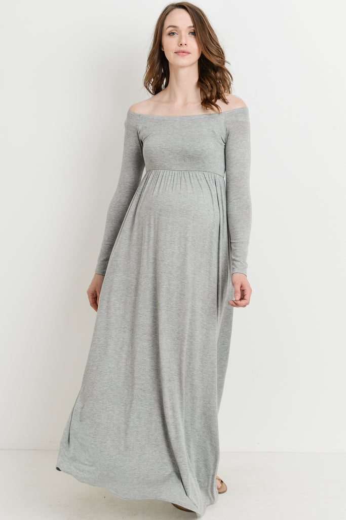 Heather Grey Off Shoulder Long Sleeve Maternity Maxi Dress