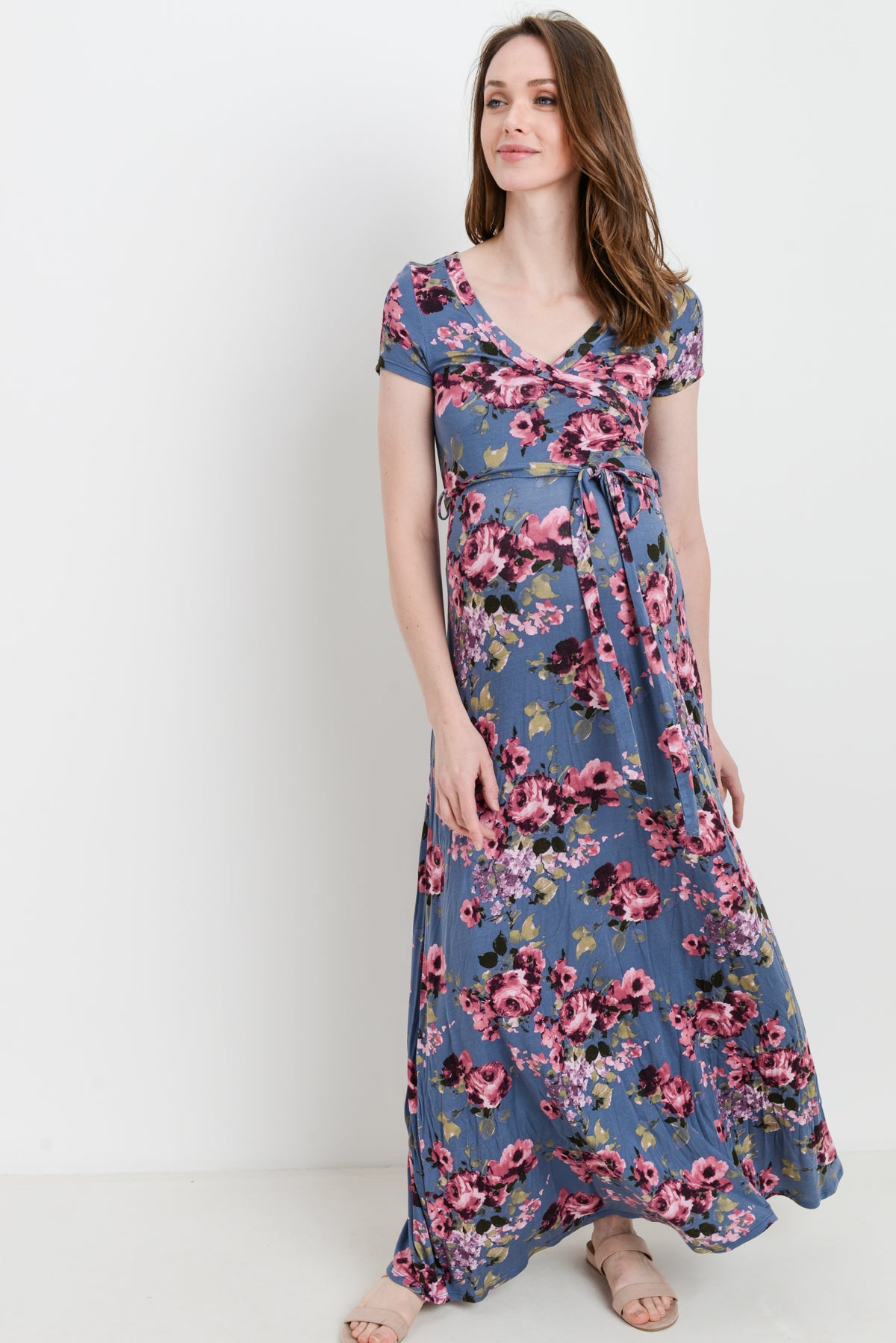 Denim Blue Floral Short Sleeve Maternity & Nursing Maxi Dress