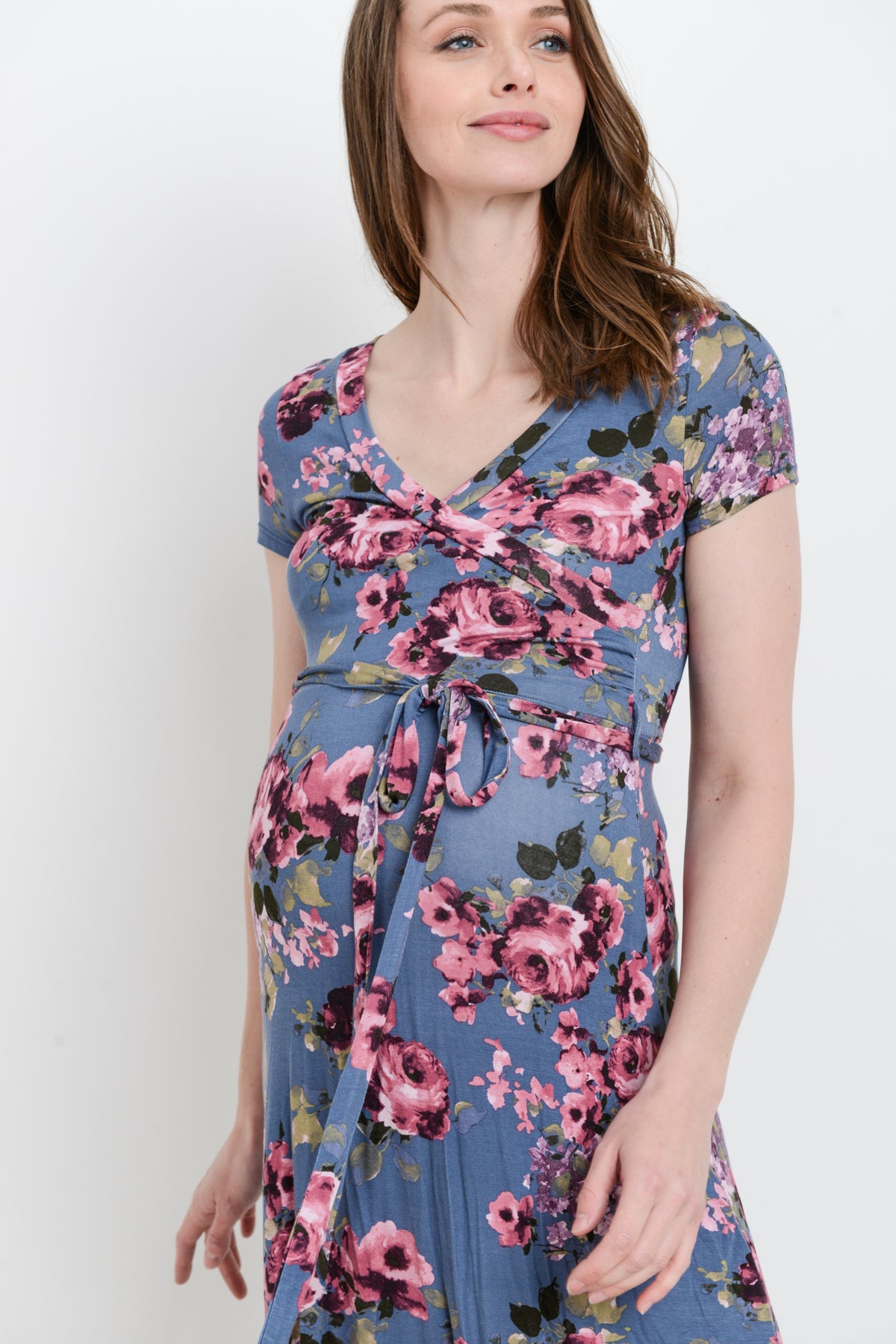 Denim Blue Floral Short Sleeve Maternity & Nursing Maxi Dress