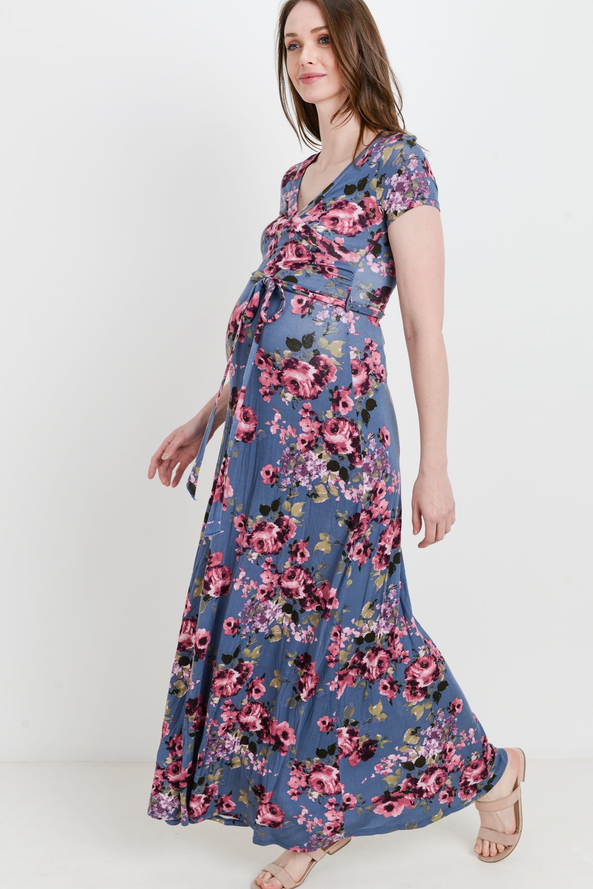 Denim Blue Floral Short Sleeve Maternity & Nursing Maxi Dress