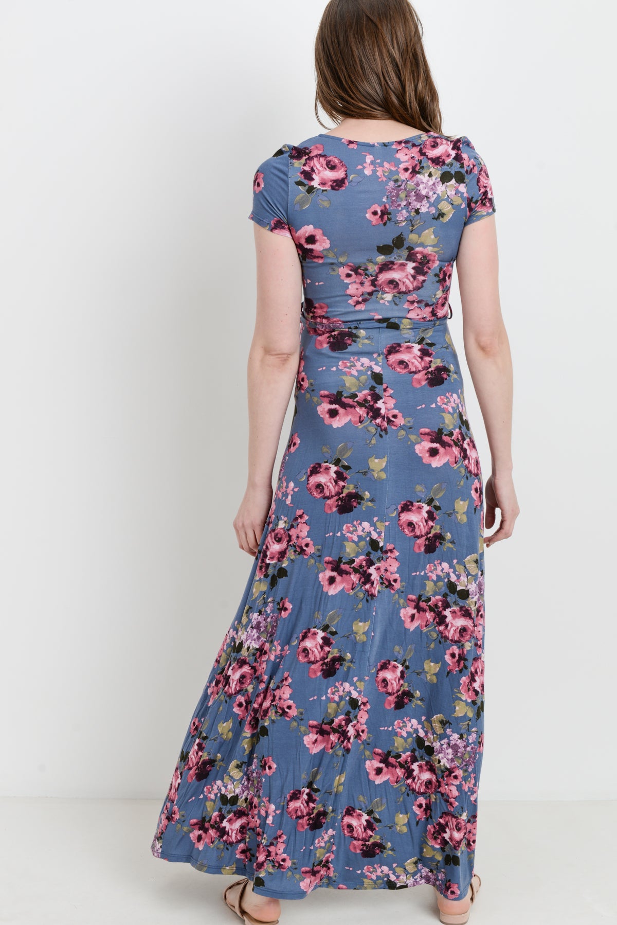 Denim Blue Floral Short Sleeve Maternity & Nursing Maxi Dress