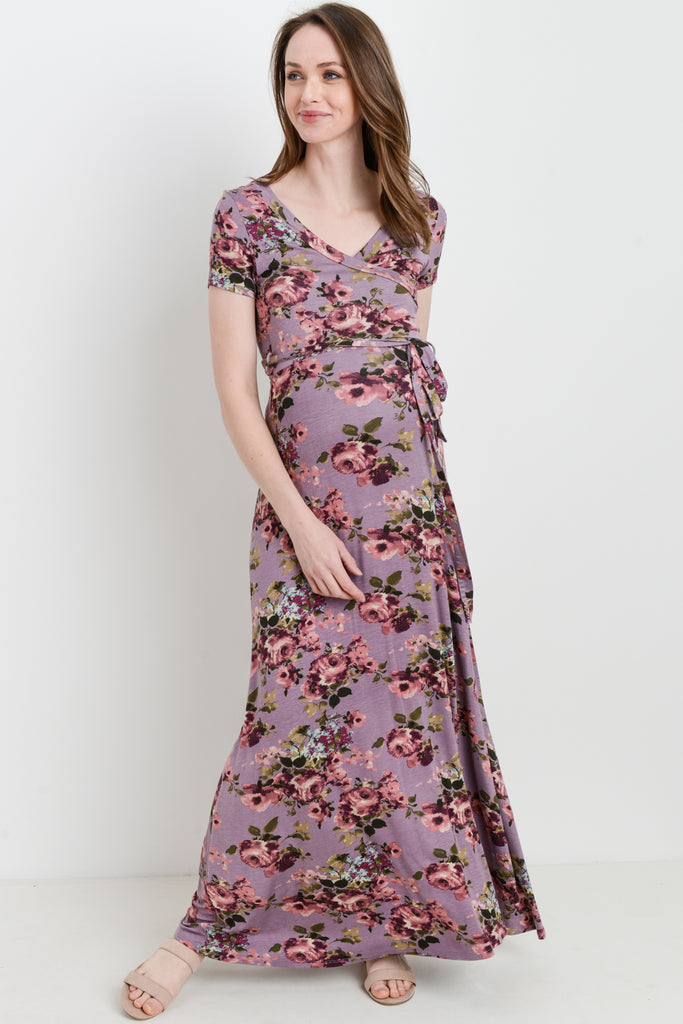 Mauve Floral Short Sleeve Maternity & Nursing Maxi Dress
