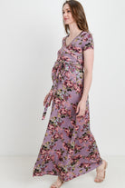 Mauve Floral Short Sleeve Maternity & Nursing Maxi Dress