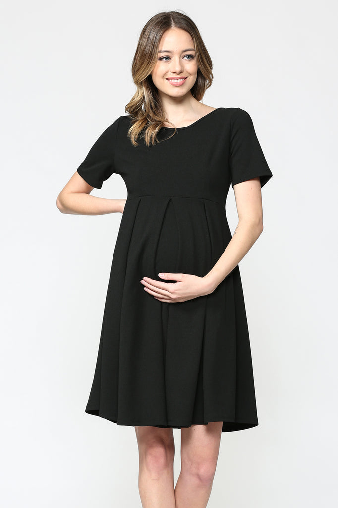 Black Front Pleat Round Neck Maternity Swing Dress