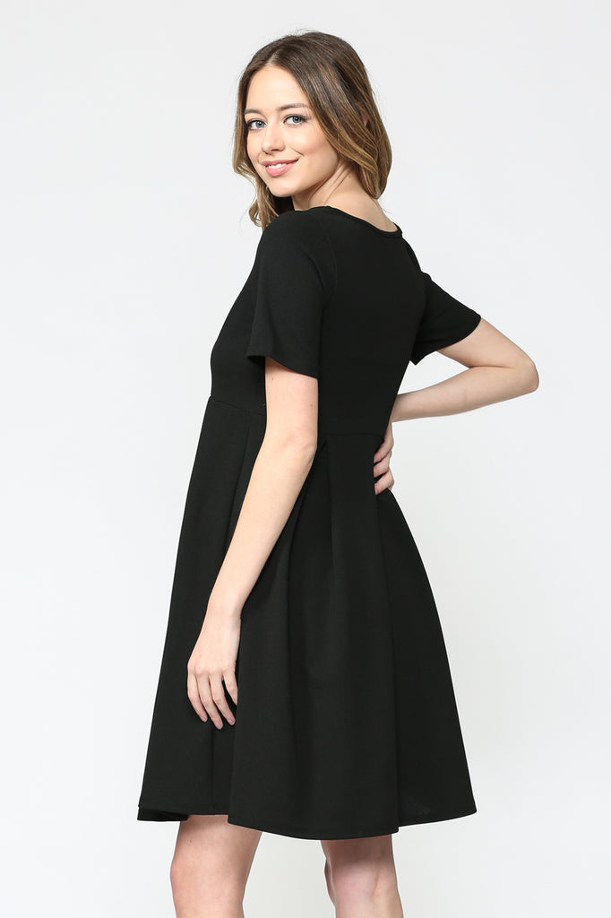 Black Front Pleat Round Neck Maternity Swing Dress