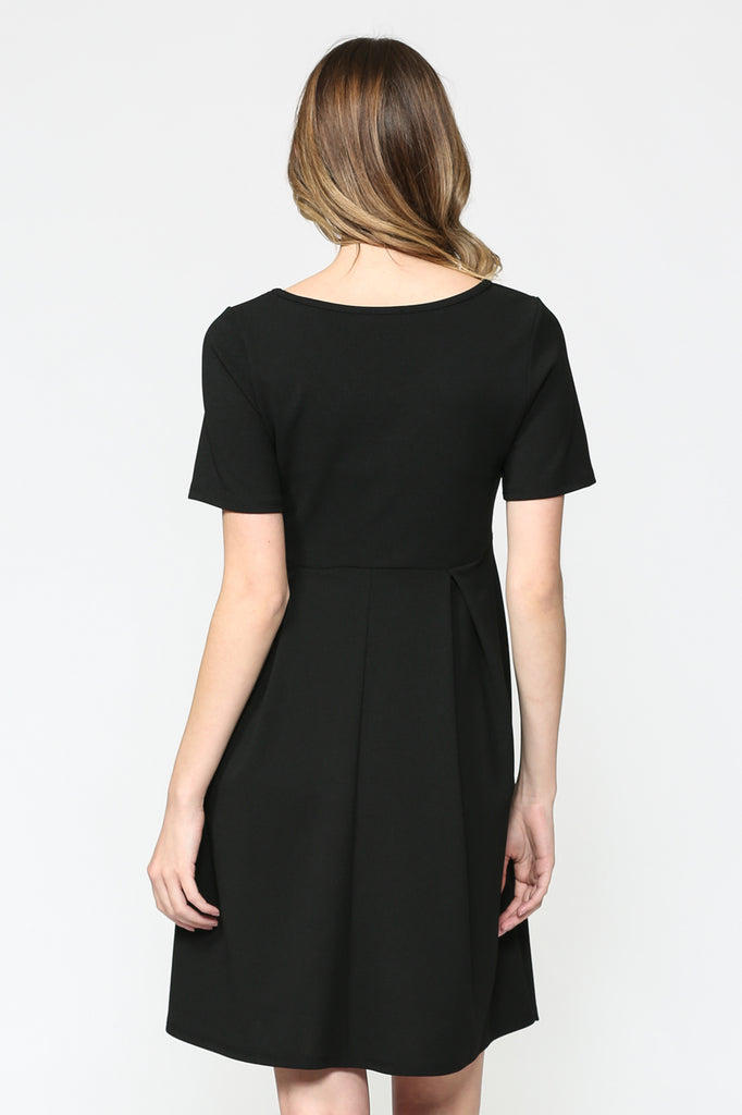 Black Front Pleat Round Neck Maternity Swing Dress