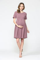 Mauve Pleat Round Neck Maternity Swing Dress