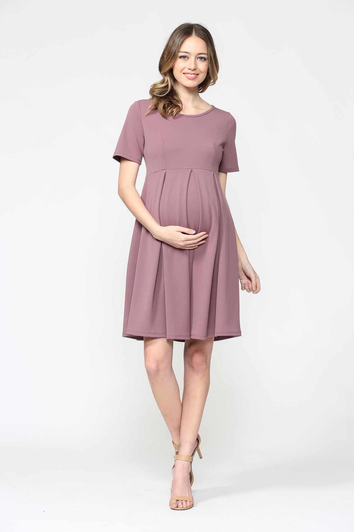 Mauve Pleat Round Neck Maternity Swing Dress