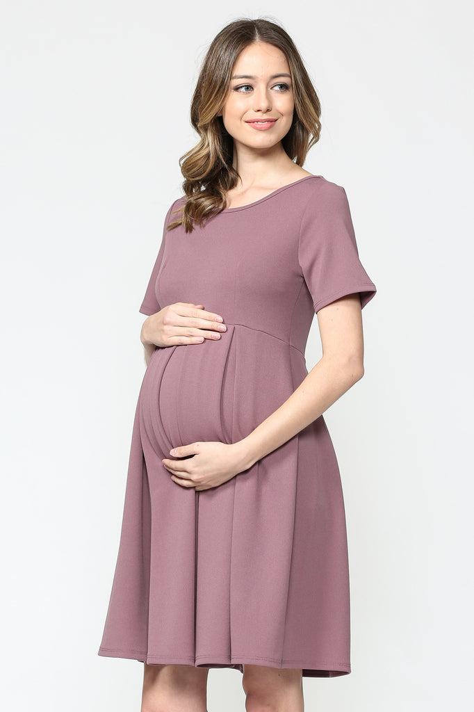 Mauve Pleat Round Neck Maternity Swing Dress