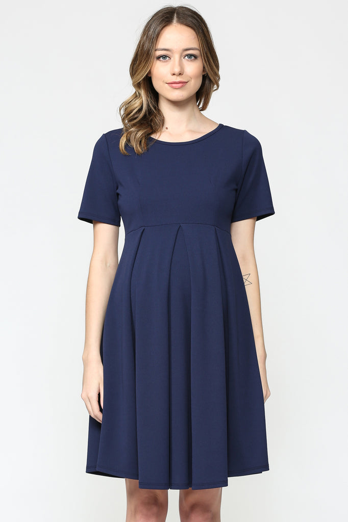 Navy Pleat Round Neck Maternity Swing Dress