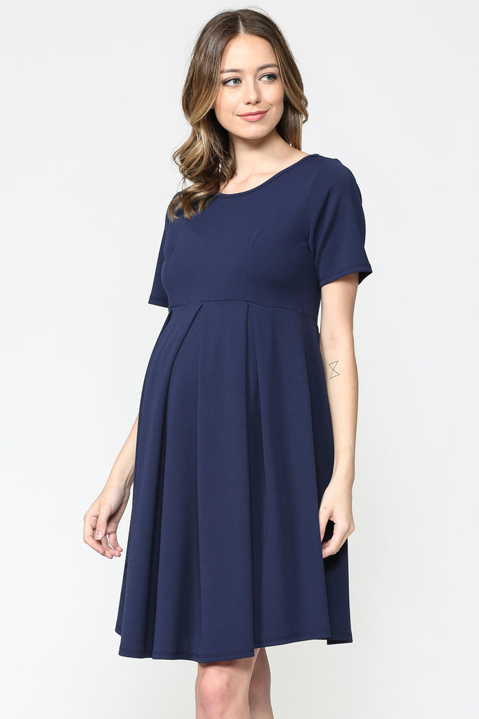 Navy Pleat Round Neck Maternity Swing Dress