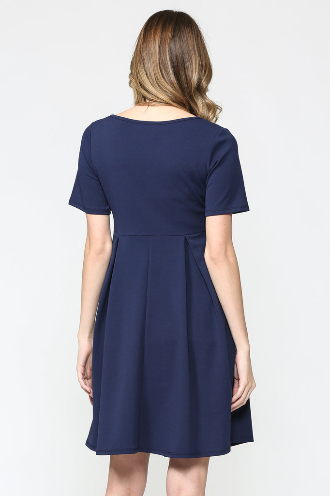 Navy Pleat Round Neck Maternity Swing Dress